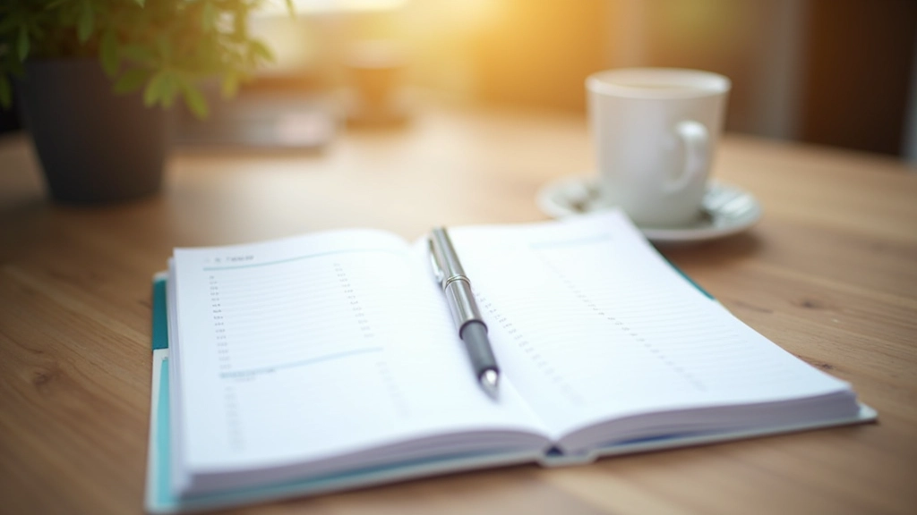 Calendário semanal aberto em mesa de trabalho com caneta e xícara de café