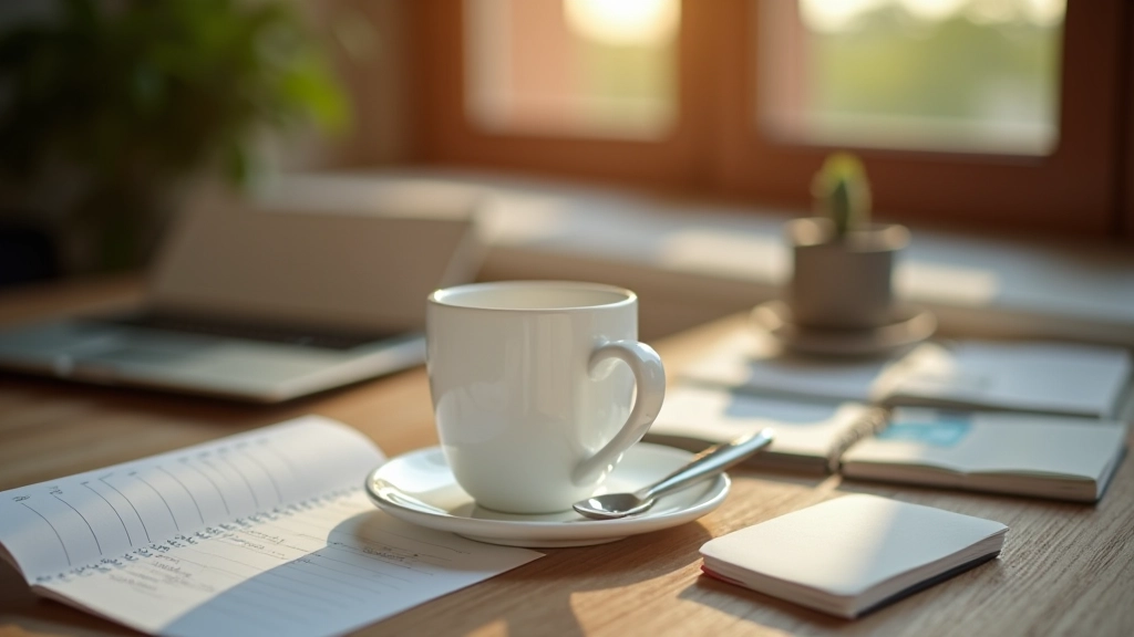 Xícara de café ao lado de anotações de tarefas organizadas por tema