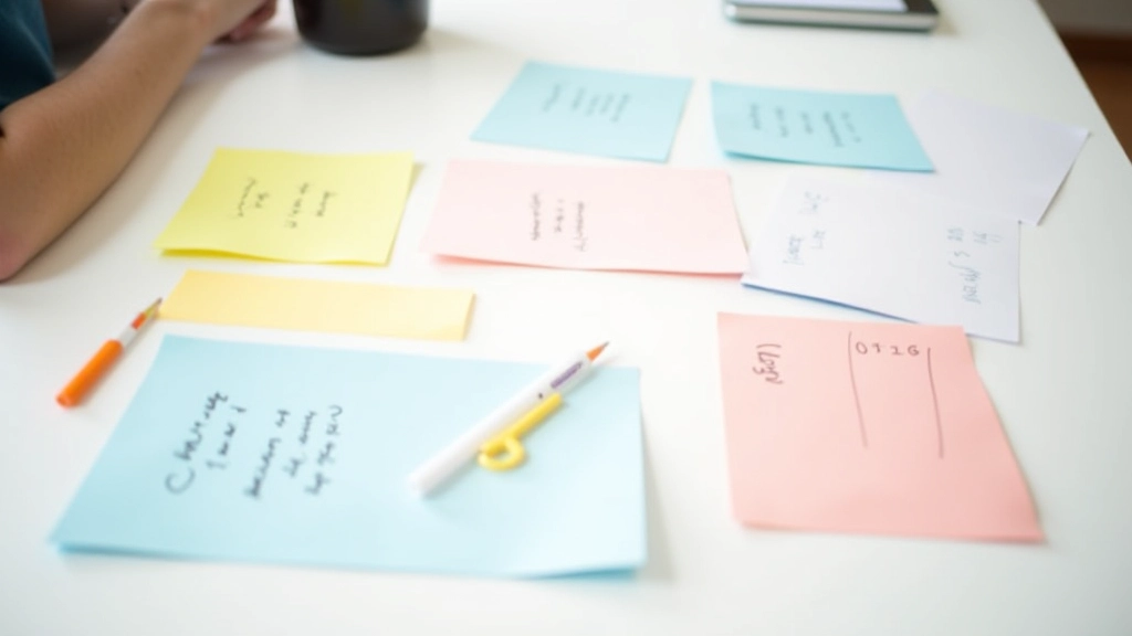 Notas manuscritas em papel com diferentes cores organizadas por tema e prioridade