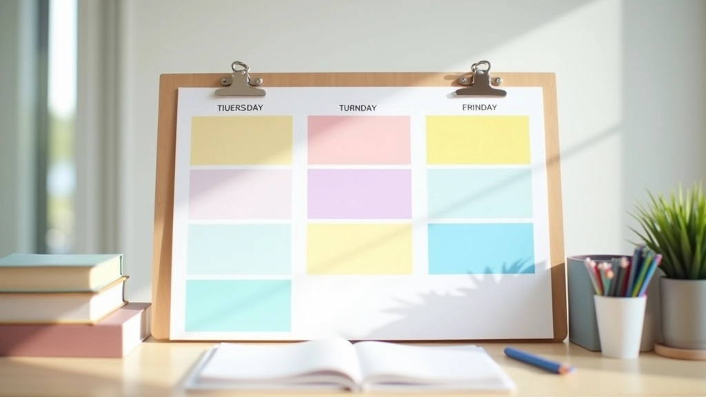 Dias da semana organizados em painel com cores diferentes, cada dia com função específica